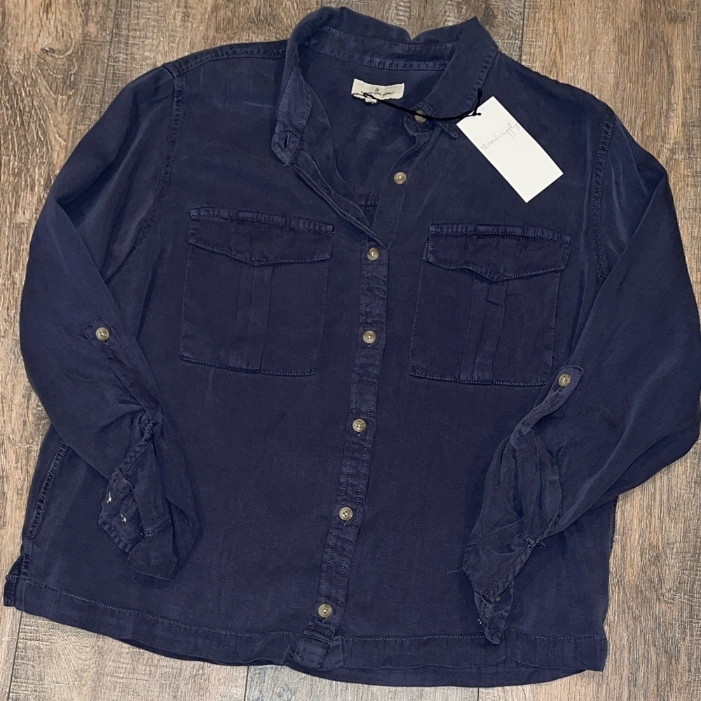 Thread & Supply Crop Boxy Dark Blue Button Down Shirt Long Sleeve Small - Picture 2 of 6